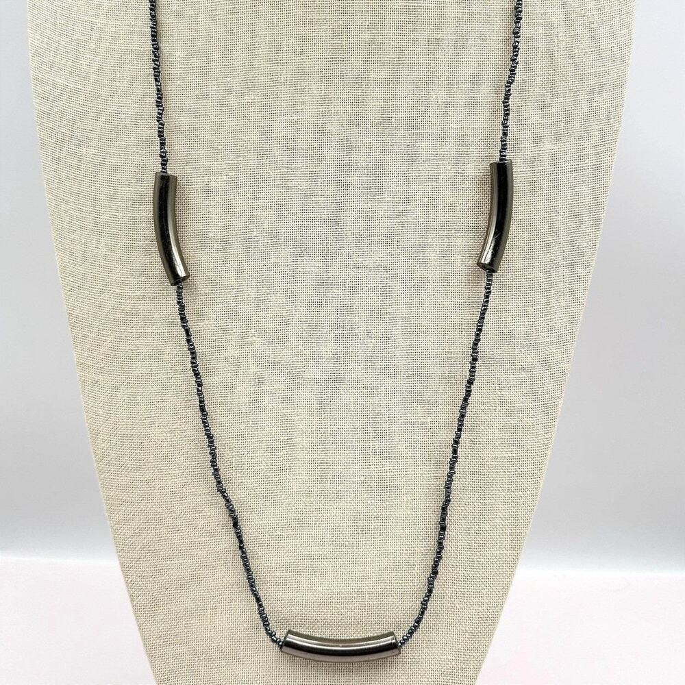 Vintage Y2K Silver-Tone Curved Tube Beaded Necklace Women's Classic Jewelry Y2K